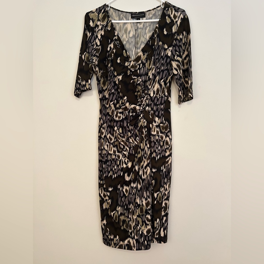 Connected Apparel Wrap V-Neck Stretch 3/4 Sleeve Midi Semi-Bodycon Dress
